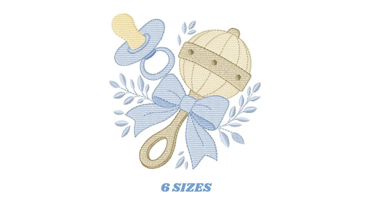 Baby Boy rattle and pacifier embroidery designs - Newborn toys machine embroidery pattern - Blue ribbon bow - Instant digital download pes