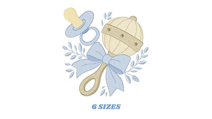 Baby Boy rattle and pacifier embroidery designs - Newborn toys machine embroidery pattern - Blue ribbon bow - Instant digital download pes