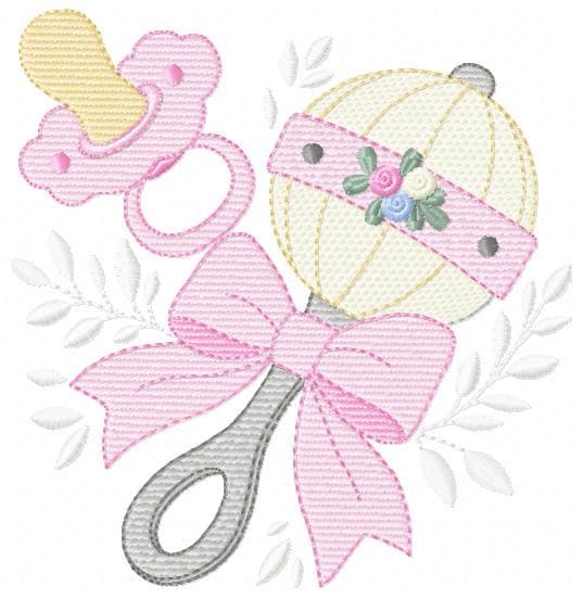 Baby girl rattle and pacifier embroidery designs - Newborn toy machine embroidery pattern - Princess pink bow lace - Instant download pes