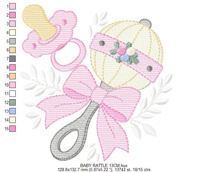 Baby girl rattle and pacifier embroidery designs - Newborn toy machine embroidery pattern - Princess pink bow lace - Instant download pes