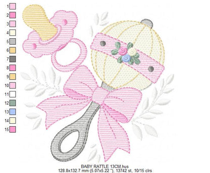 Baby girl rattle and pacifier embroidery designs - Newborn toy machine embroidery pattern - Princess pink bow lace - Instant download pes