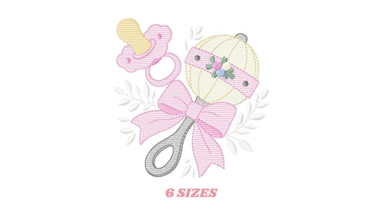Baby girl rattle and pacifier embroidery designs - Newborn toy machine embroidery pattern - Princess pink bow lace - Instant download pes