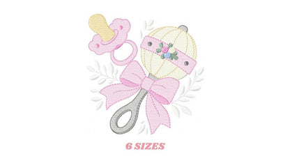 Baby girl rattle and pacifier embroidery designs - Newborn toy machine embroidery pattern - Princess pink bow lace - Instant download pes