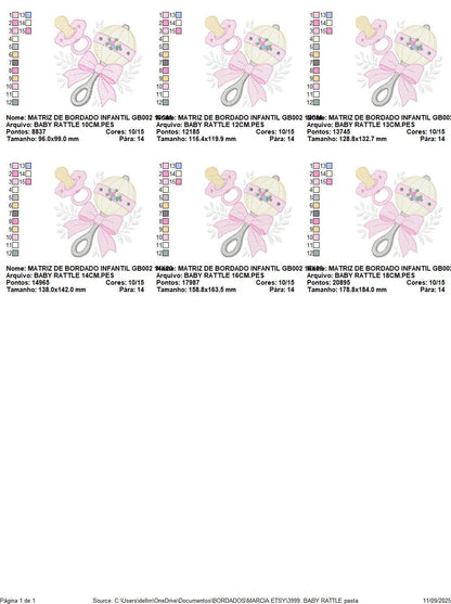 Baby girl rattle and pacifier embroidery designs - Newborn toy machine embroidery pattern - Princess pink bow lace - Instant download pes