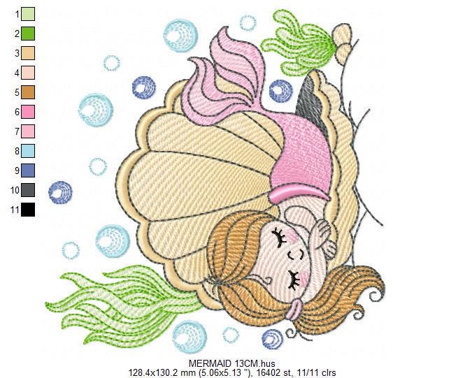 Mermaid embroidery designs - Ocean Sea Princess machine pattern - Mermaid rippled design - Baby Girl file - Instant download pes jef dst hus