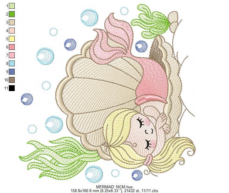 Mermaid embroidery designs - Ocean Sea Princess machine pattern - Mermaid rippled design - Baby Girl file - Instant download pes jef dst hus