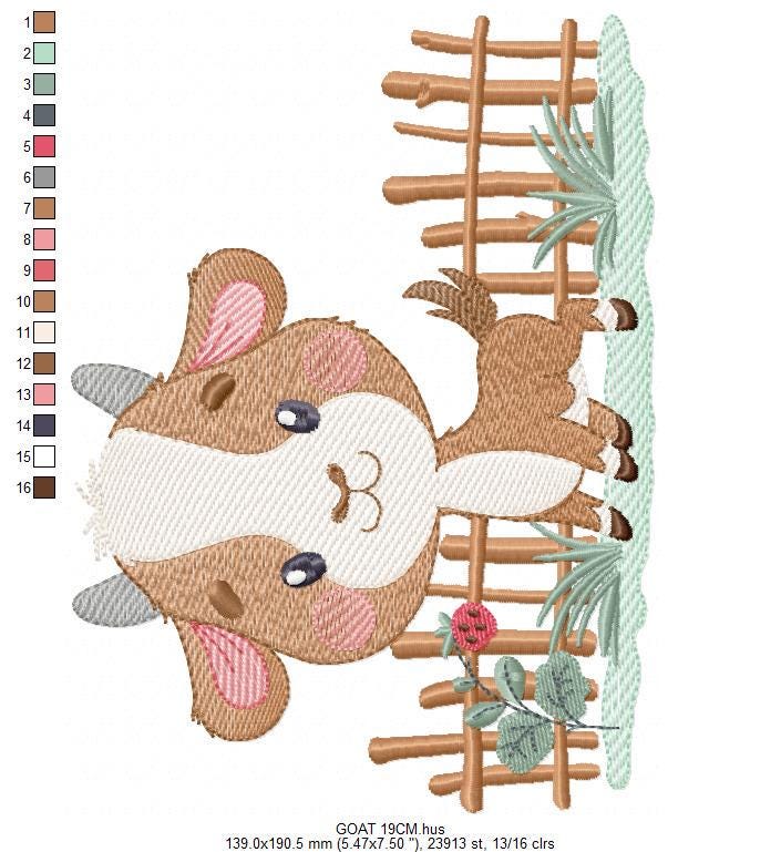 Goat embroidery design - Farm animal with wood fence machine embroidery pattern - baby Boy file - instant digital download pes jef dst hus