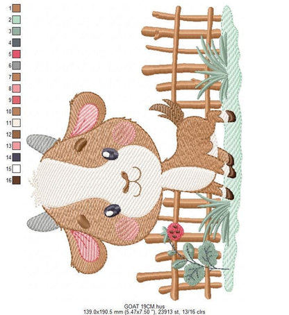 Goat embroidery design - Farm animal with wood fence machine embroidery pattern - baby Boy file - instant digital download pes jef dst hus