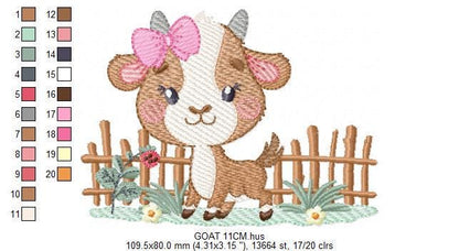 Goat embroidery design - Farm animal with wood fence machine embroidery pattern - Baby Girl file - Instant digital download pes jef dst hus