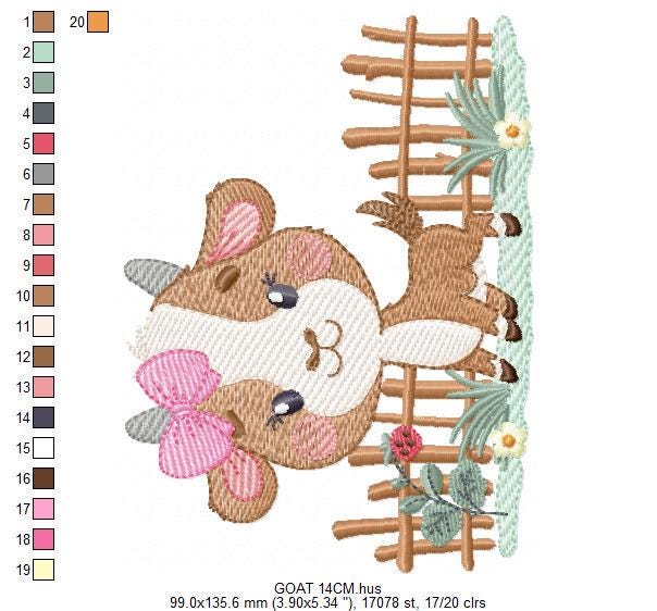Goat embroidery design - Farm animal with wood fence machine embroidery pattern - Baby Girl file - Instant digital download pes jef dst hus