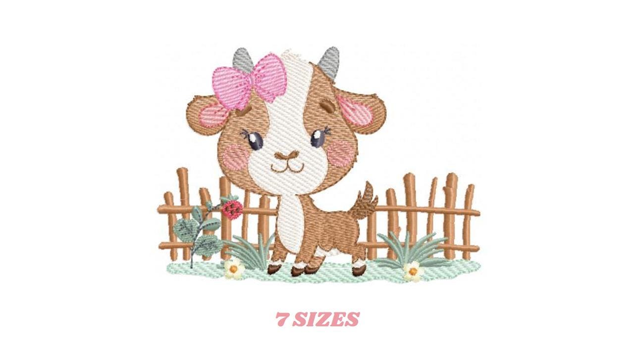 Goat embroidery design - Farm animal with wood fence machine embroidery pattern - Baby Girl file - Instant digital download pes jef dst hus