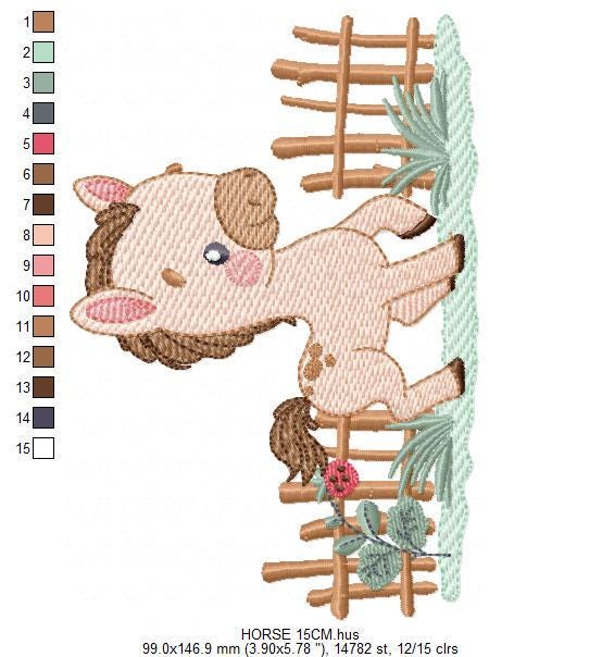 Horse embroidery design - Farm Animal Pony with wood fence machine embroidery pattern - Stallion mustang baby boy file - Instant download