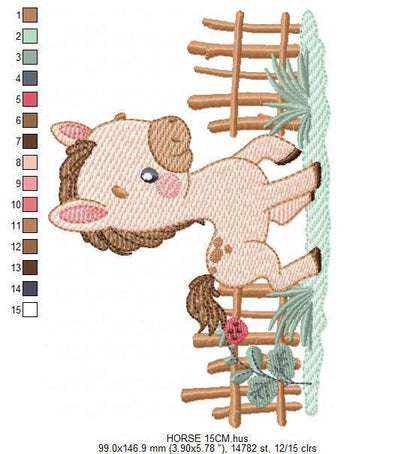 Horse embroidery design - Farm Animal Pony with wood fence machine embroidery pattern - Stallion mustang baby boy file - Instant download