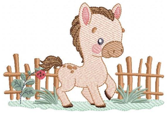 Horse embroidery design - Farm Animal Pony with wood fence machine embroidery pattern - Stallion mustang baby boy file - Instant download