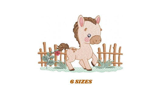 Horse embroidery design - Farm Animal Pony with wood fence machine embroidery pattern - Stallion mustang baby boy file - Instant download