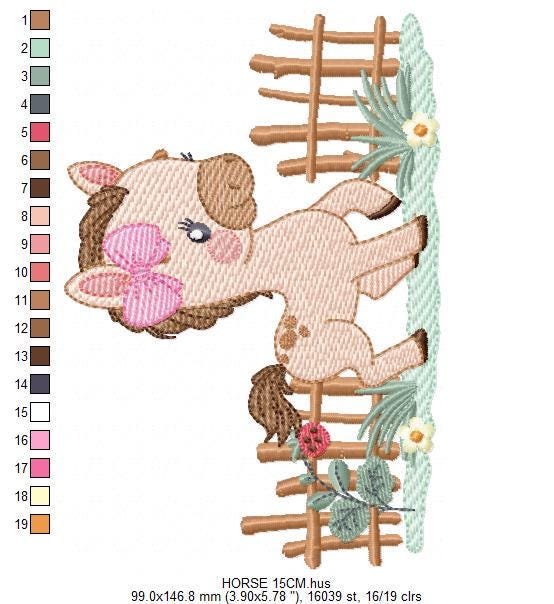 Horse embroidery design - Farm Animal Pony with wood fence machine embroidery pattern - Stallion mustang baby girl file - Instant download