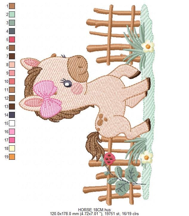 Horse embroidery design - Farm Animal Pony with wood fence machine embroidery pattern - Stallion mustang baby girl file - Instant download