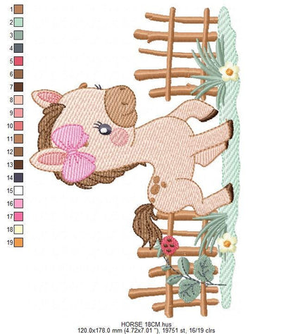 Horse embroidery design - Farm Animal Pony with wood fence machine embroidery pattern - Stallion mustang baby girl file - Instant download