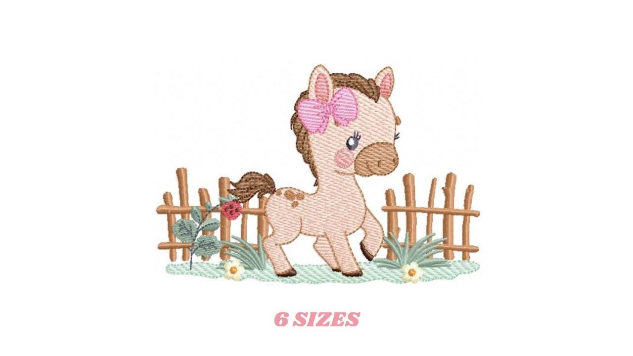 Horse embroidery design - Farm Animal Pony with wood fence machine embroidery pattern - Stallion mustang baby girl file - Instant download