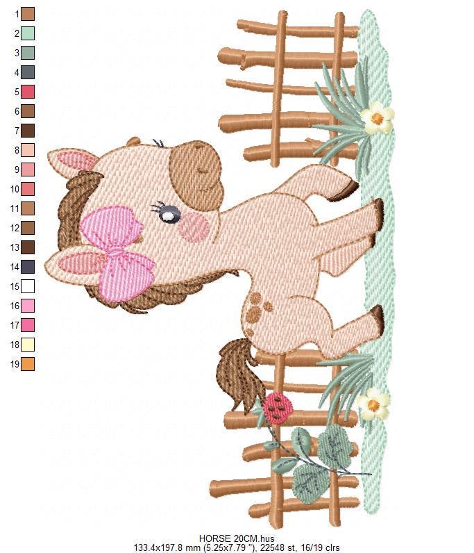 Horse embroidery design - Farm Animal Pony with wood fence machine embroidery pattern - Stallion mustang baby girl file - Instant download