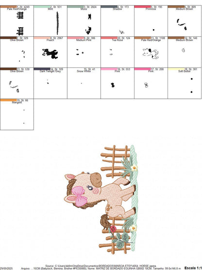 Horse embroidery design - Farm Animal Pony with wood fence machine embroidery pattern - Stallion mustang baby girl file - Instant download