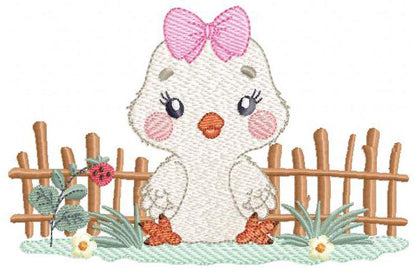 Little Chicken embroidery design - Chick with bow lace machine embroidery pattern - Ranch Farm animal file - Instant digital download pes