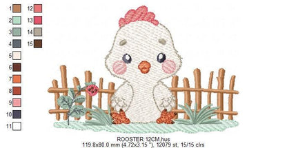 Baby Rooster embroidery design - Male chick machine embroidery pattern - Ranch Farm animal with fence file - Instant digital download pes