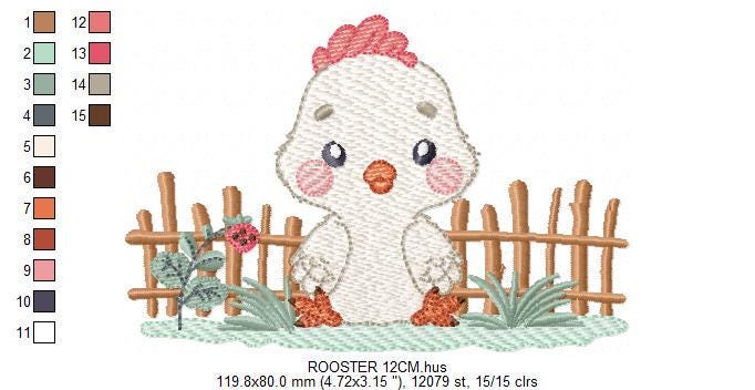 Baby Rooster embroidery design - Male chick machine embroidery pattern - Ranch Farm animal with fence file - Instant digital download pes