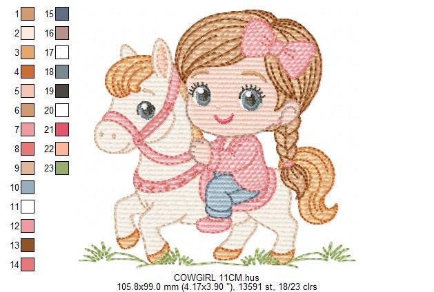Cowgirl embroidery design - Baby girl with horse machine embroidery pattern - Equestrienne Horsewoman - Cowboy with Horse - Instant download