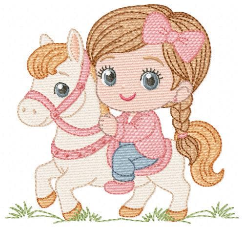 Cowgirl embroidery design - Baby girl with horse machine embroidery pattern - Equestrienne Horsewoman - Cowboy with Horse - Instant download