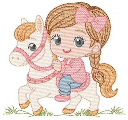 Cowgirl embroidery design - Baby girl with horse machine embroidery pattern - Equestrienne Horsewoman - Cowboy with Horse - Instant download
