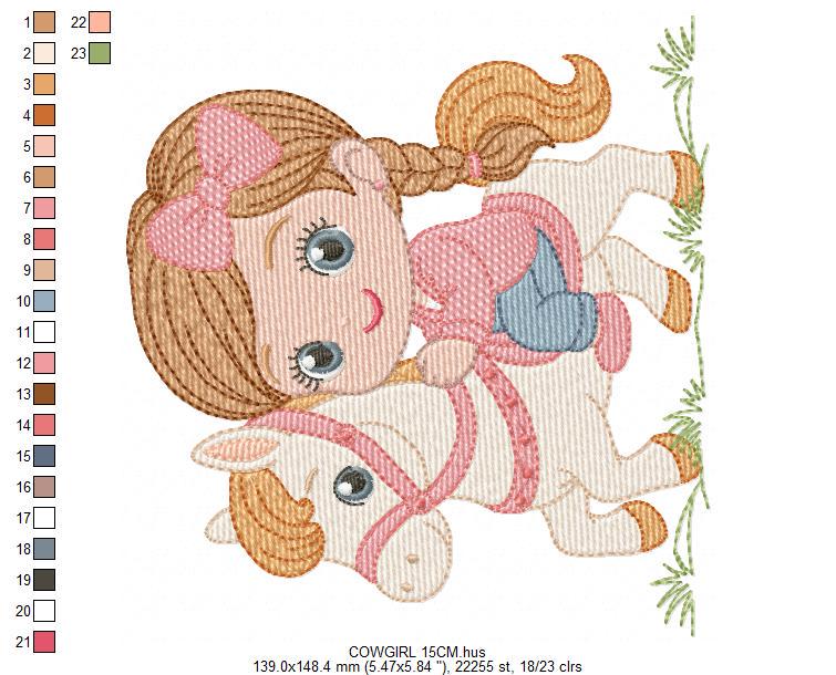 Cowgirl embroidery design - Baby girl with horse machine embroidery pattern - Equestrienne Horsewoman - Cowboy with Horse - Instant download