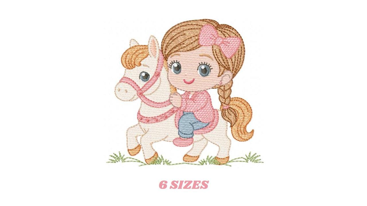 Cowgirl embroidery design - Baby girl with horse machine embroidery pattern - Equestrienne Horsewoman - Cowboy with Horse - Instant download