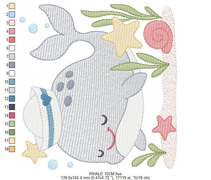Whale embroidery designs - Ocean Animal Big Fish machine embroidery pattern - Sea Life Baby Boy file - Instant digital download pes jef dst