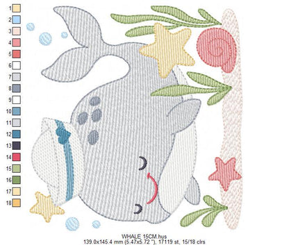 Whale embroidery designs - Ocean Animal Big Fish machine embroidery pattern - Sea Life Baby Boy file - Instant digital download pes jef dst