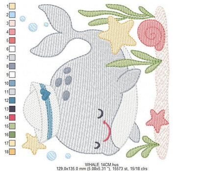 Whale embroidery designs - Ocean Animal Big Fish machine embroidery pattern - Sea Life Baby Boy file - Instant digital download pes jef dst