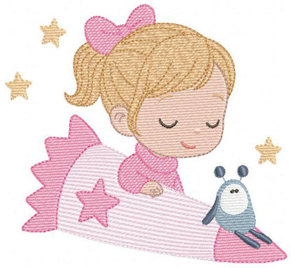 Baby girl with alien embroidery designs - Girl with long hair bun machine embroidery pattern - Princess with space rocket - Instant download