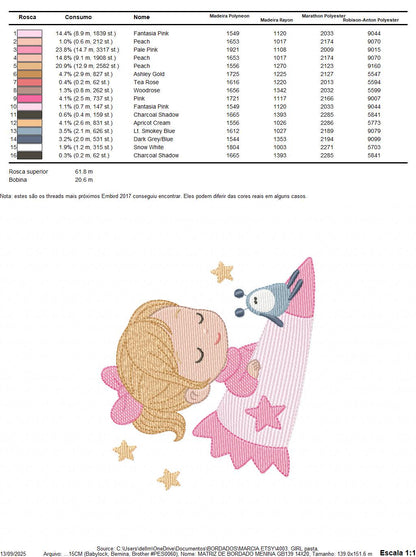 Baby girl with alien embroidery designs - Girl with long hair bun machine embroidery pattern - Princess with space rocket - Instant download