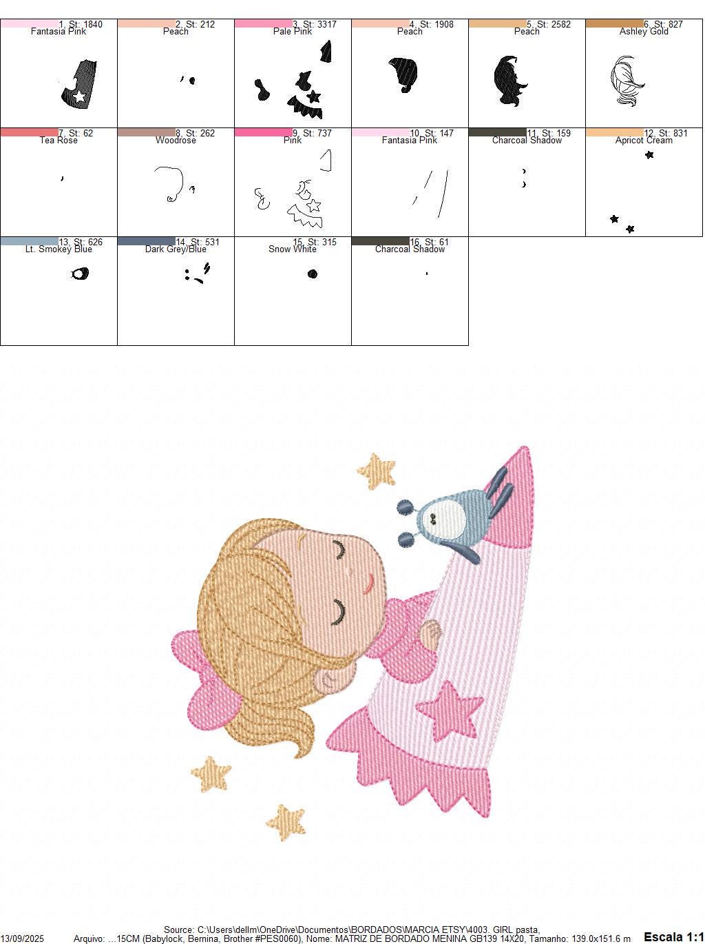 Baby girl with alien embroidery designs - Girl with long hair bun machine embroidery pattern - Princess with space rocket - Instant download