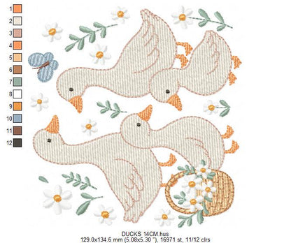 Goose Family embroidery designs - Ducks with flowers machine embroidery pattern - Farm ranch animals - Instant digital download pes jef dst