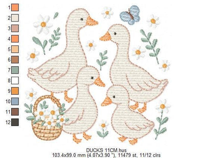 Goose Family embroidery designs - Ducks with flowers machine embroidery pattern - Farm ranch animals - Instant digital download pes jef dst