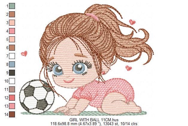 Soccer player embroidery designs - Baby Girl machine embroidery file - Girl with soccer ball file - Instant digital download pes jef dst hus