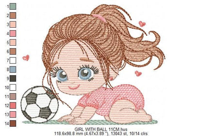 Soccer player embroidery designs - Baby Girl machine embroidery file - Girl with soccer ball file - Instant digital download pes jef dst hus