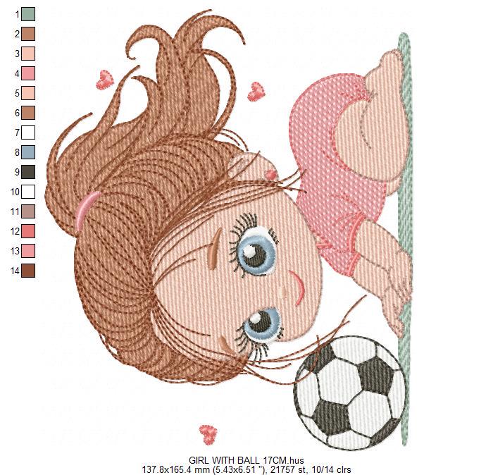 Soccer player embroidery designs - Baby Girl machine embroidery file - Girl with soccer ball file - Instant digital download pes jef dst hus