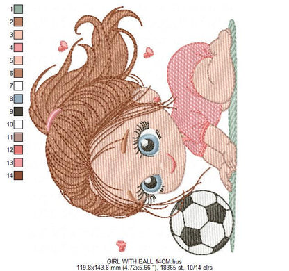 Soccer player embroidery designs - Baby Girl machine embroidery file - Girl with soccer ball file - Instant digital download pes jef dst hus
