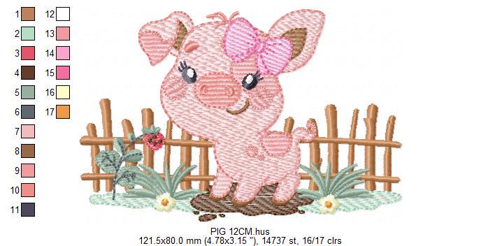 Female Pig with bow embroidery design - Farm Animal machine embroidery pattern - Baby girl cowgirl file - Swine Piggy - Instant download pes