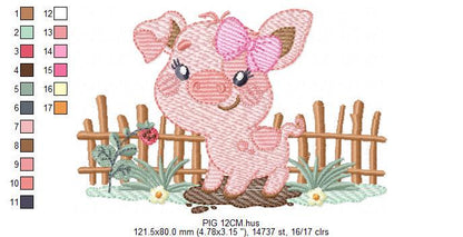 Female Pig with bow embroidery design - Farm Animal machine embroidery pattern - Baby girl cowgirl file - Swine Piggy - Instant download pes
