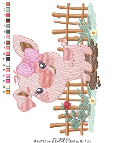 Female Pig with bow embroidery design - Farm Animal machine embroidery pattern - Baby girl cowgirl file - Swine Piggy - Instant download pes