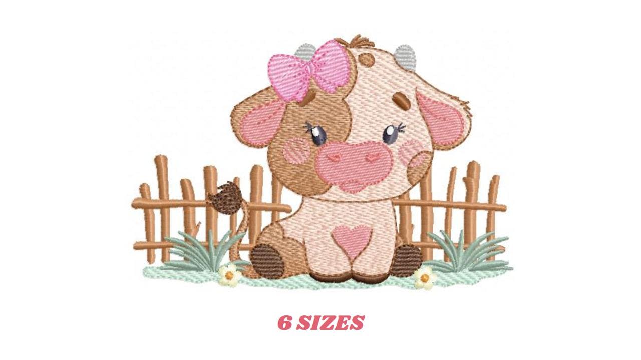 Cow with bow lace embroidery design - Farm Animal Ranch machine embroidery pattern - Kitchen Towel file - Instant digital download pes jef