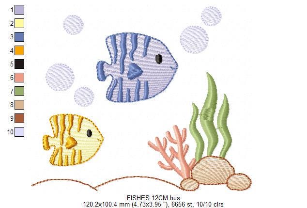 Clown Fish embroidery designs - Ocean animals machine pattern - Orange Fish with shells bubbles and algae - Instant download pes jef dst vp3